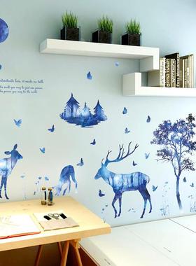 新款直销HM92065 ins北欧蓝色梦幻森林鹿客厅餐厅书房装饰墙贴纸