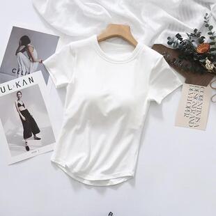 直销新款带胸垫短袖T恤女夏季薄款Bra一体式内衣外穿瑜伽运动上衣