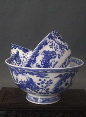 大清乾隆年制青花人物鬼谷子下山纹碗仿古摆件瓷器古玩做旧收藏