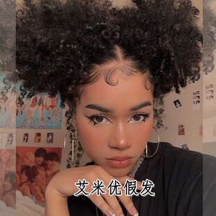 黑色双丸子发包黑人小卷假发懒人头饰高马尾一体式发包网兜花苞头