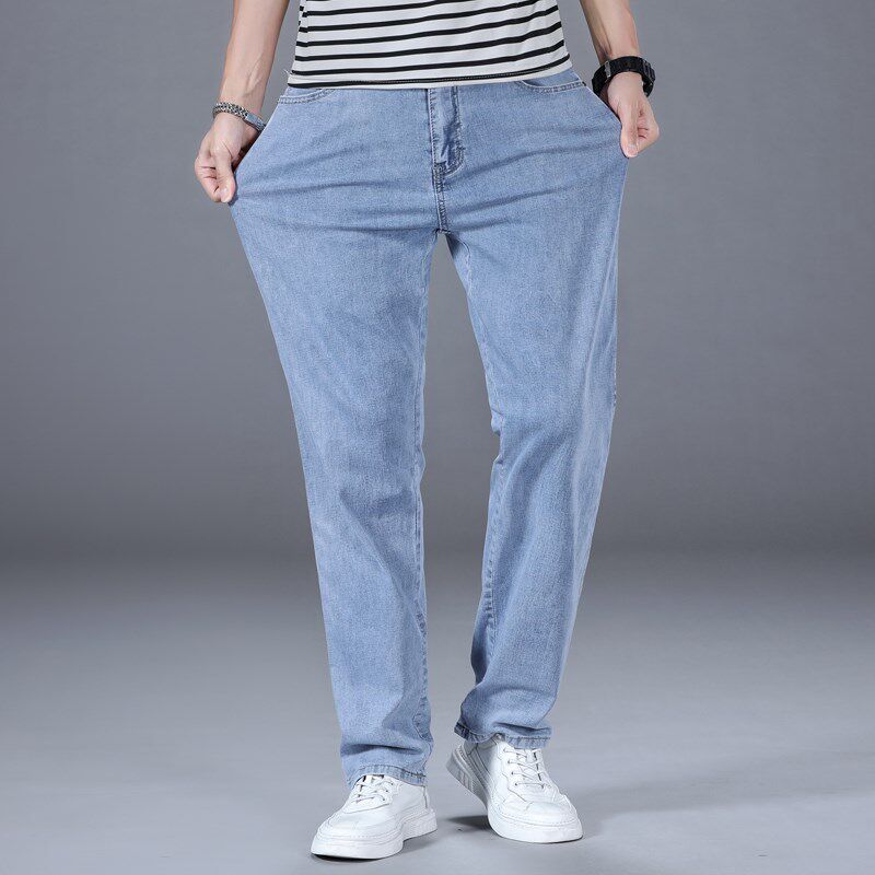 新塘夏季高端直筒宽松牛仔裤男士阔腿简约休闲裤子浅蓝色薄款长裤