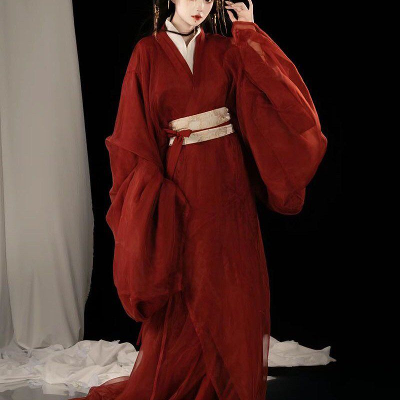 红色汉服复原战国袍秋冬飘逸长款古装中国风直裾侠女拍照仙气套装