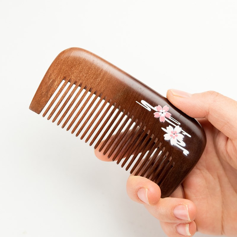 郎府老桃木梳子漆艺彩绘梳细齿顺发小号便携梳造型桃花男女士儿童