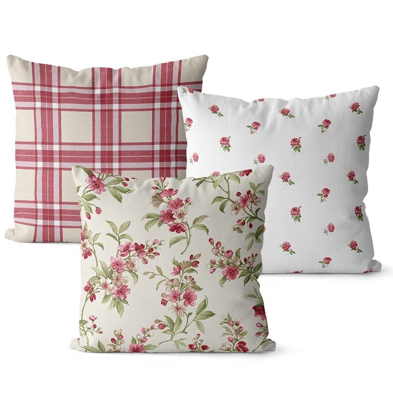 北欧红色格子图案抱枕靠垫套床头大靠背沙发装饰腰枕花卉靠枕定制