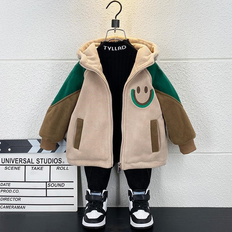 男童加绒外套摇粒绒秋冬季2022新款儿童洋气宝宝加厚带帽保暖上衣