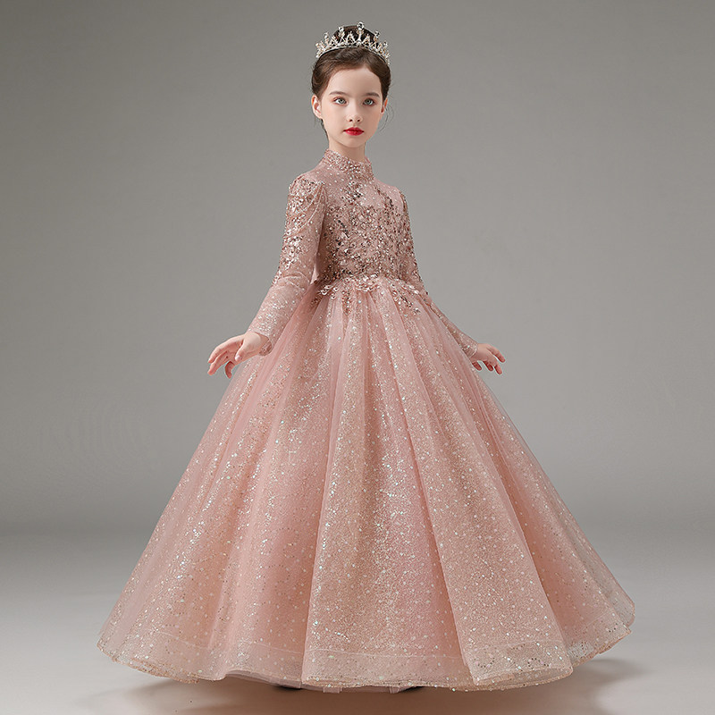 儿童礼服长袖高端女童公主裙生日秋冬钢琴演出服春晚小主持人服装