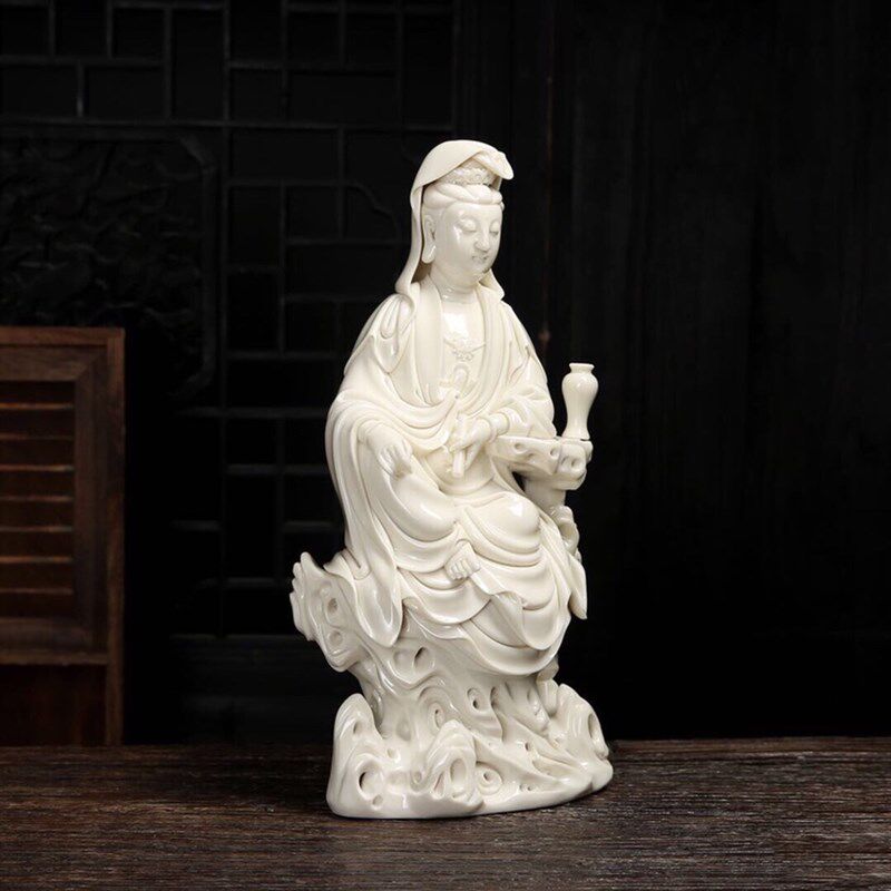 陶瓷摆饰《坐岩自在观音菩萨像》王秋芳雕塑观世音菩萨佛像