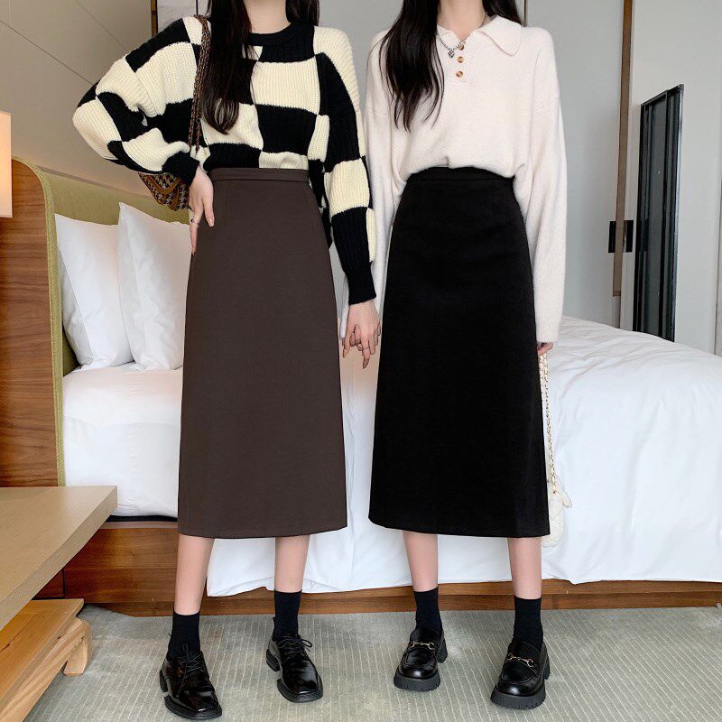 大码a字半身裙女秋冬中长款高腰包臀裙松紧腰直筒后开叉一步长裙