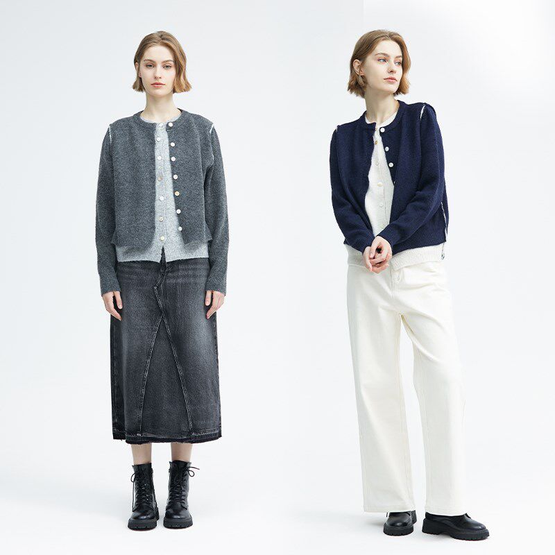 北欧时刻设计感假两件短款针织开衫外套女秋季羊毛混纺深灰色毛衣