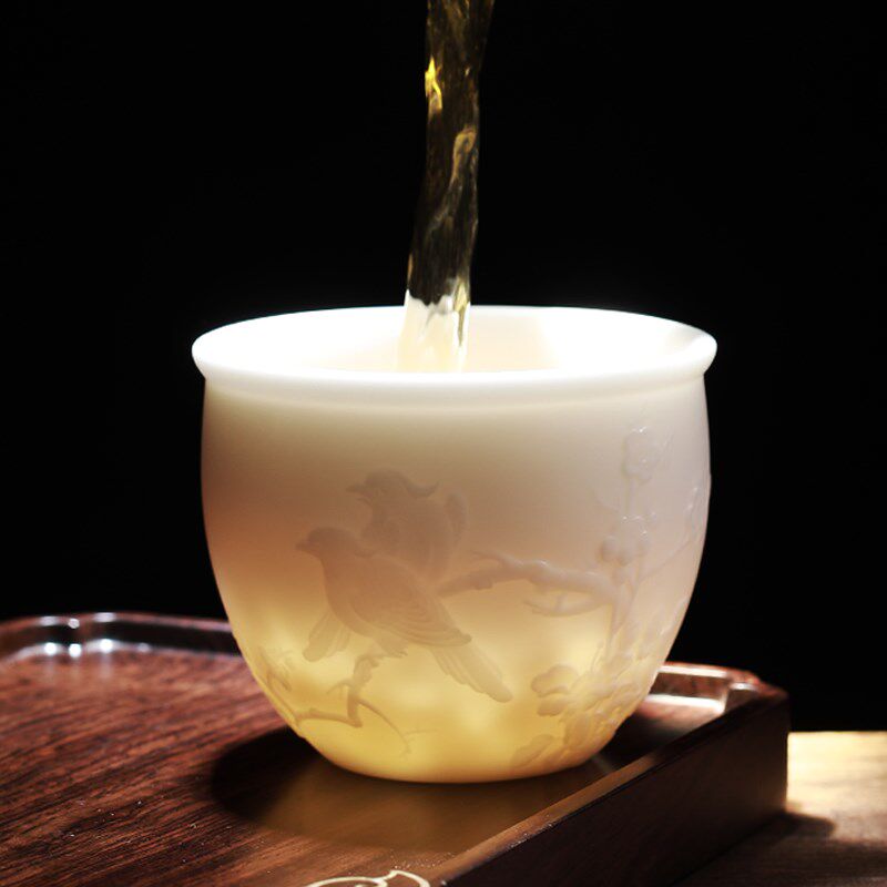 羊脂玉瓷素烧主人杯梅兰竹菊茶杯单杯陶瓷家用大号4个功夫品茗杯