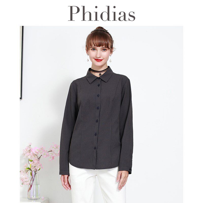 Phidias秋季长袖薄款格子衬衫上衣2025年新款修身显瘦遮肚衬衣女