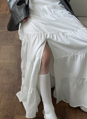 Common in 0120嬉皮vintage艺术感开叉休闲白色蛋糕拖地半身裙女