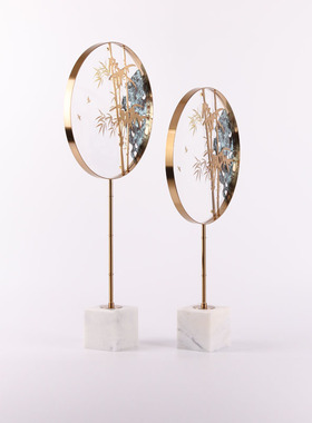 新中式金属屏风圆形玄关摆件家居电视柜样板房软装饰品售楼处摆件