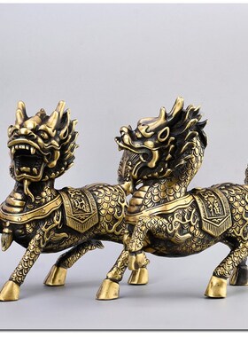 铜麒麟摆件大号麒麟护宅门口旺财助财开业礼品一对家居工艺品客厅