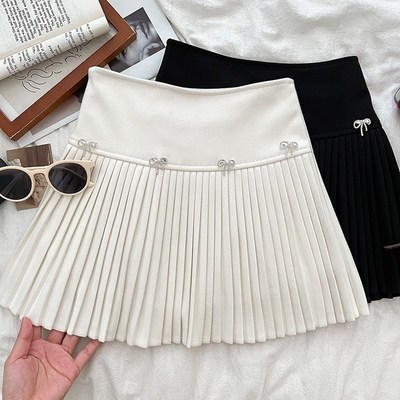 甜美百搭立体蝴蝶结扣高腰显瘦毛呢半身裙百褶裙短裙a字裙女秋冬