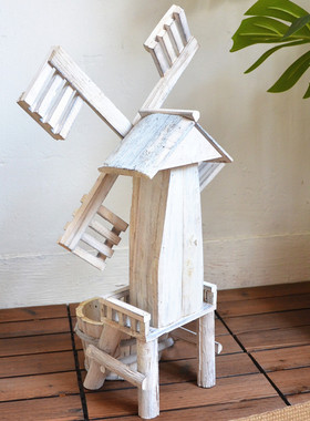 实木复古水井旋转风车创意花盆户外花园橱窗道具幼儿园装饰摆件