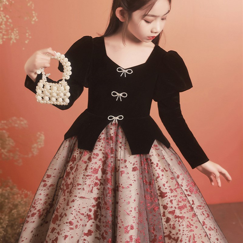 黑色晚礼服女童轻奢小众高端公主裙春季儿童主持人钢琴演奏演出服