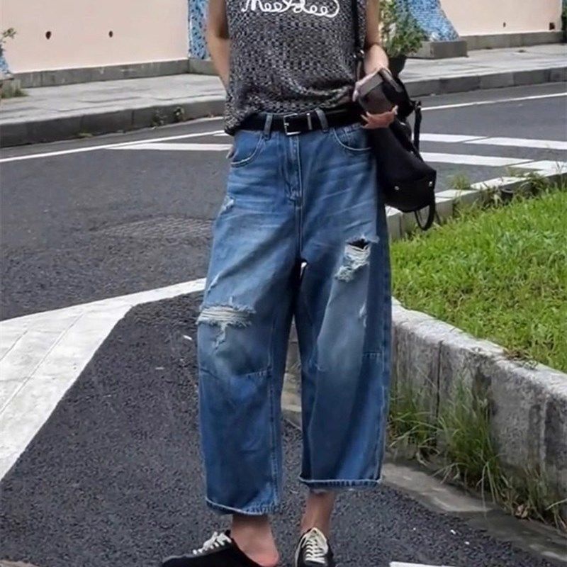 覆古破洞牛仔裤2025夏季新款大尺寸梨形身材高腰修身Look九分弯刀,女装/女士精品,大码裤装,淘宝优惠券,粉丝福利购,淘宝优惠卷