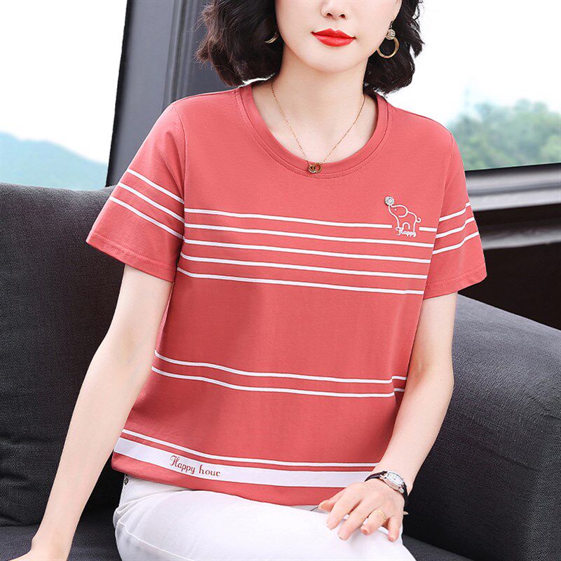 纯棉短袖t恤女妈妈夏装2024新款中老年遮肚条纹上衣时尚洋气小衫