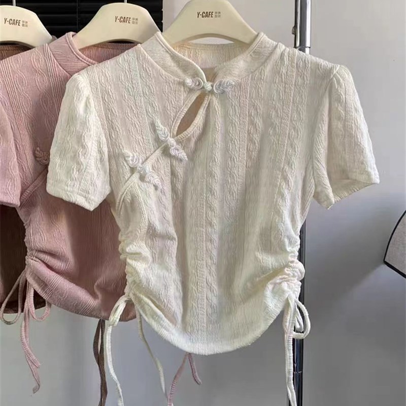 新中式复古旗袍盘扣短袖T恤女设计感洋气修身显瘦短款收腰上衣服