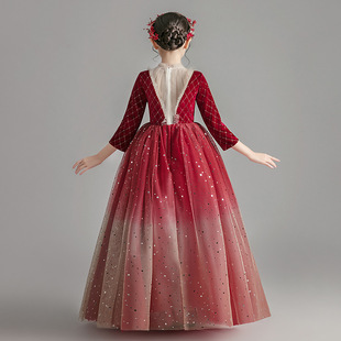 红色礼服女童长裙儿童连衣裙钢琴主持演出服女孩公主裙蓬蓬纱闪亮