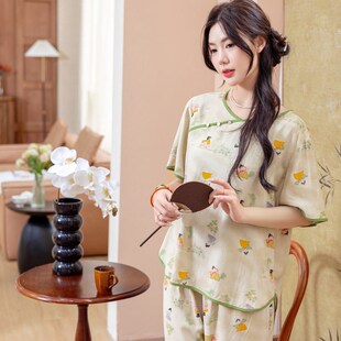 新中式中国风棉绸睡衣女春秋款夏仕女图2024新款高级感家居服套装