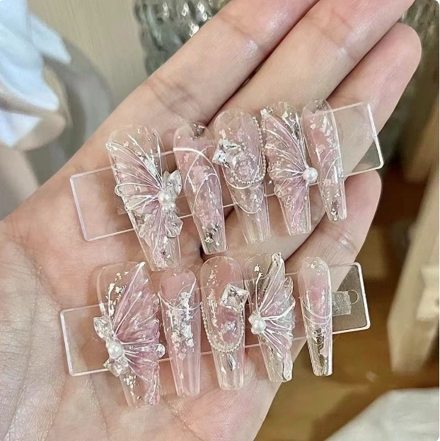 【冰心蝶】纯手工定制穿戴指甲美甲粉色长款可拆卸直接贴片成品