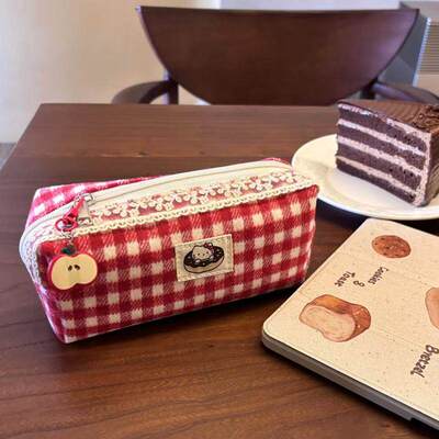 新款原创收纳红格子笔袋复古简约学生大容量文具盒文具收纳包袋