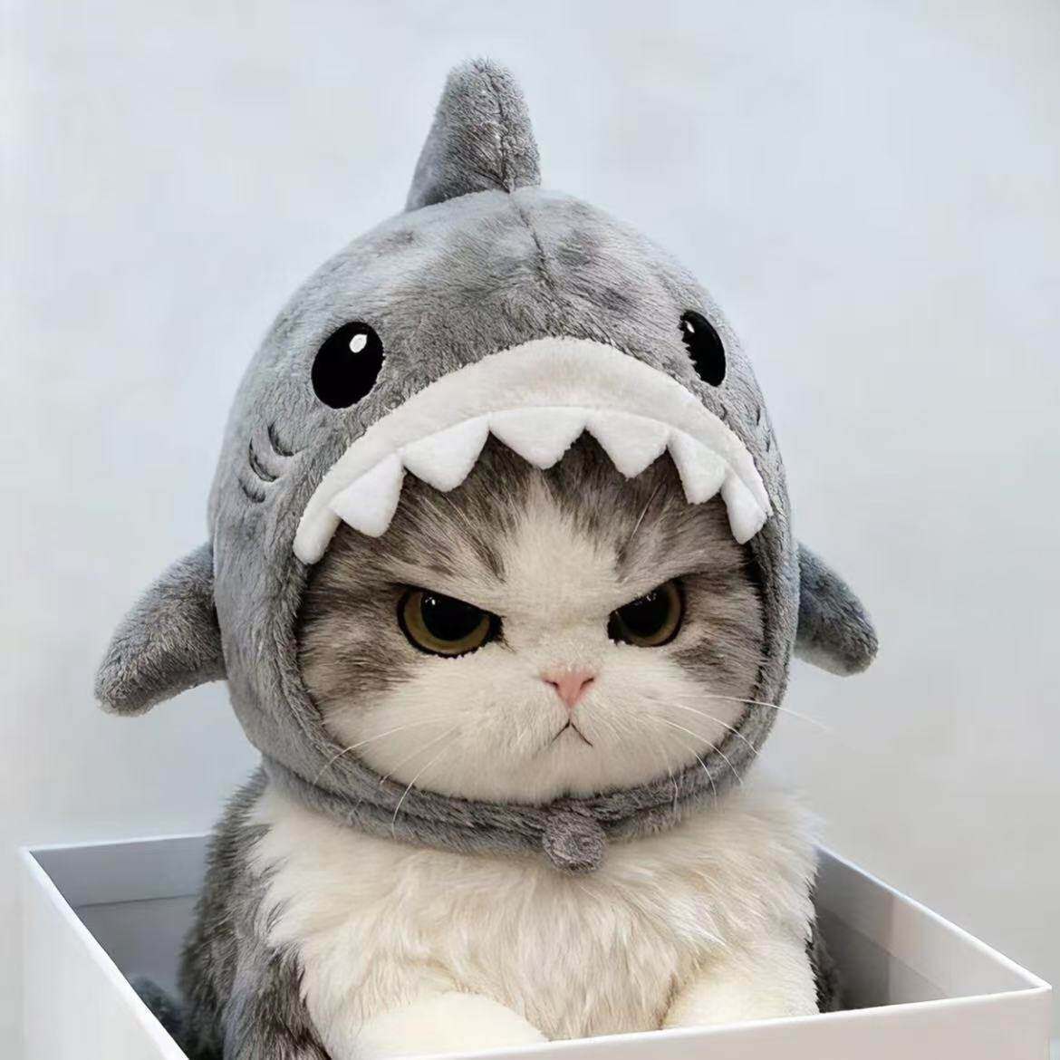 猫咪帽子鲨鱼头套宠物可爱搞怪毛绒头饰变装帽拍照道具创意装饰品