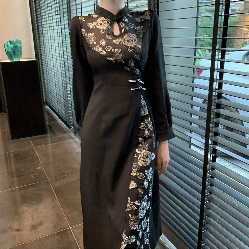 大码胖mm新中式玫瑰提花镂空拼接改良连衣裙女早秋气质显瘦旗袍裙