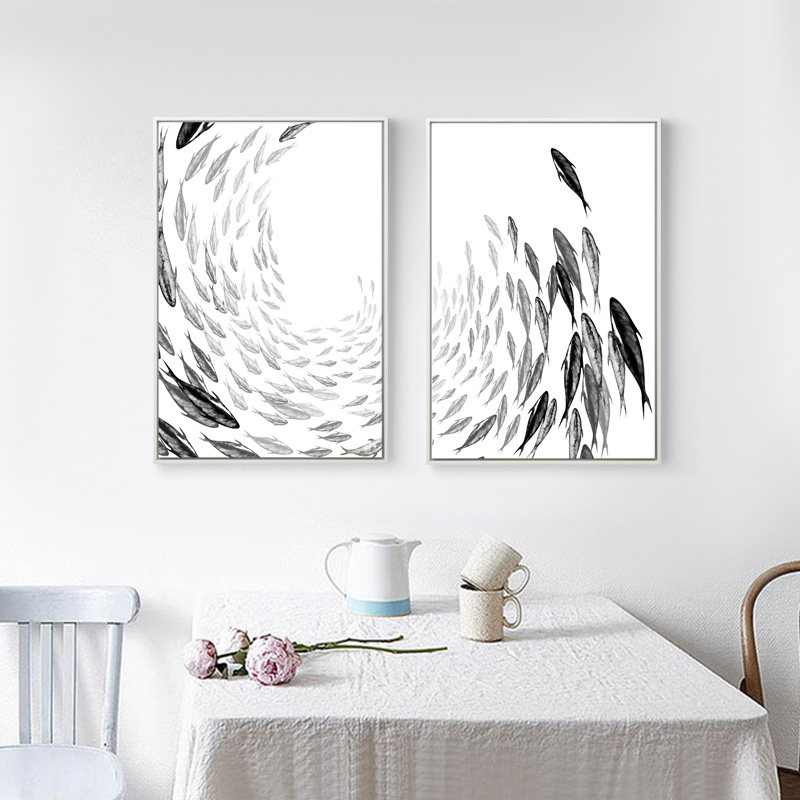 必画北欧简约鱼群艺术黑白灰度三联装饰画客厅背景墙壁画有框挂画