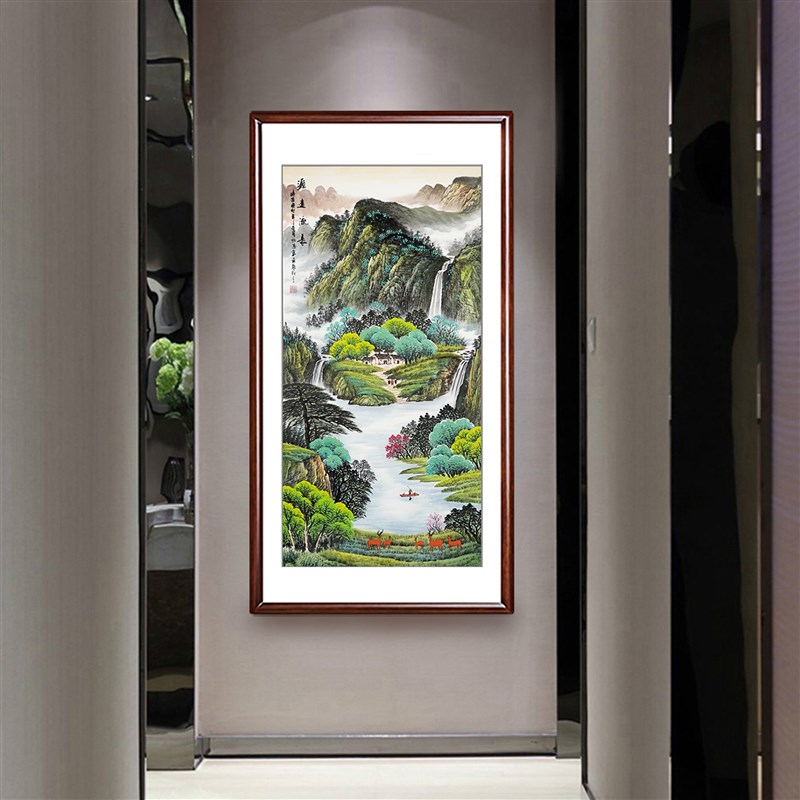 玄关山水画竖版手绘国画聚宝盆招财办公室字画西墙装饰画入户挂画