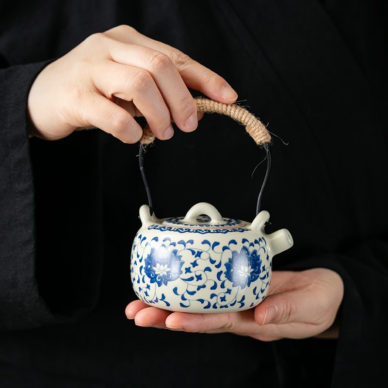 汝窑青花功夫茶具套装防烫提梁茶壶盖碗茶杯中式整套泡茶器2024新
