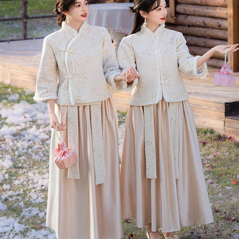 新中式伴娘服秋冬款2024新款婚礼姐妹团礼服裙女国风加绒冬季保暖
