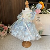 幻彩蓝蝴蝶翅膀春夏比熊泰迪贵宾仙气裙薄款 猫咪防掉毛公主裙手工