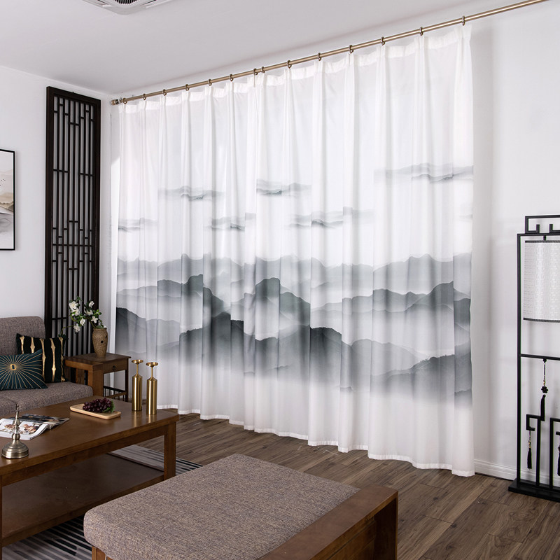 新中式禅意水墨山水画中国风茶室窗帘窗纱透光不透人客厅隔断纱帘