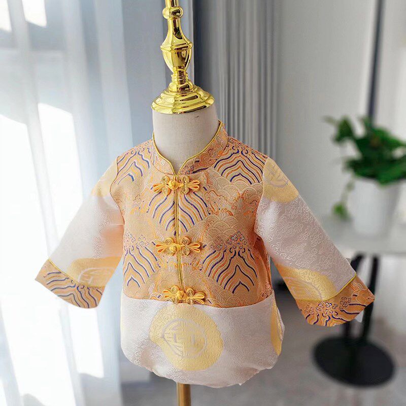 宝宝周岁礼服男女春夏季婴儿满月百日宴中式包P服抓周连体衣唐装