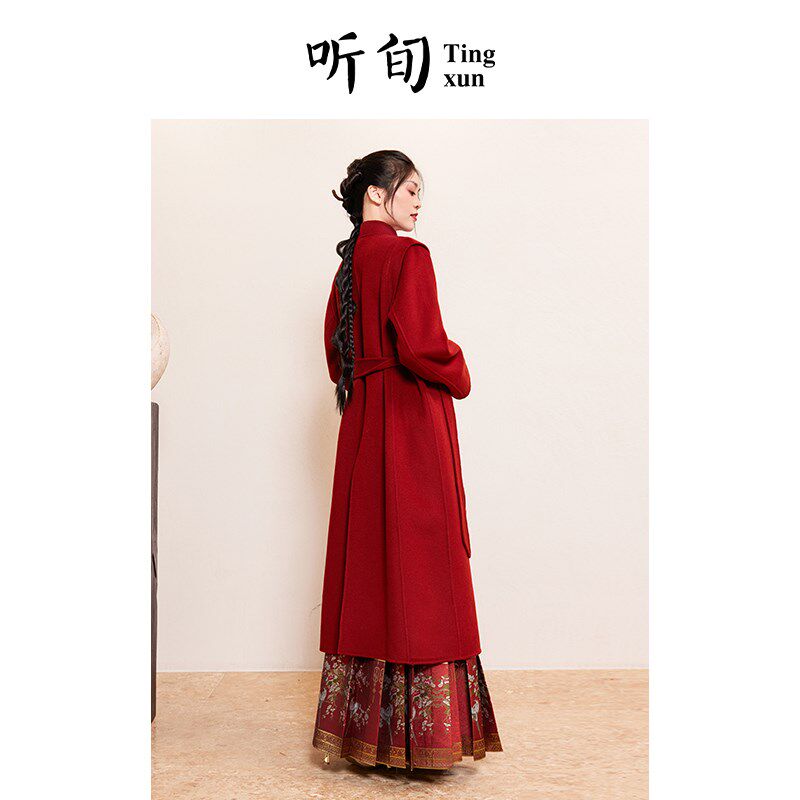 听旬嘉姻秋冬新品汉服女改良长款红色纯羊毛大衣过年服婚服敬酒服