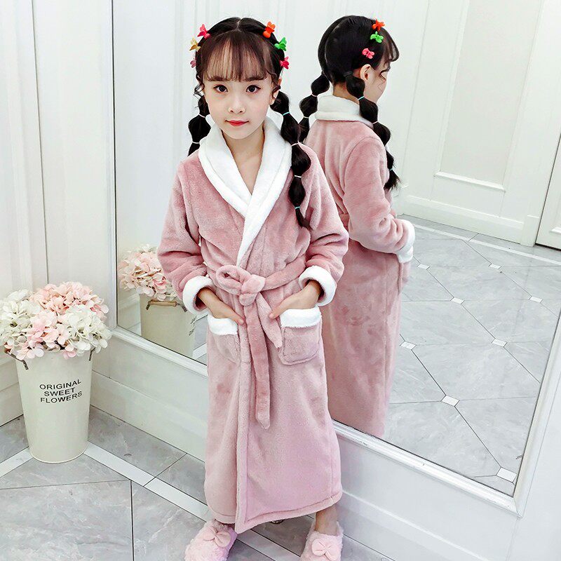 儿童浴袍珊瑚绒睡袍法兰绒秋冬季女童孩睡裙加厚款保暖睡衣家居服