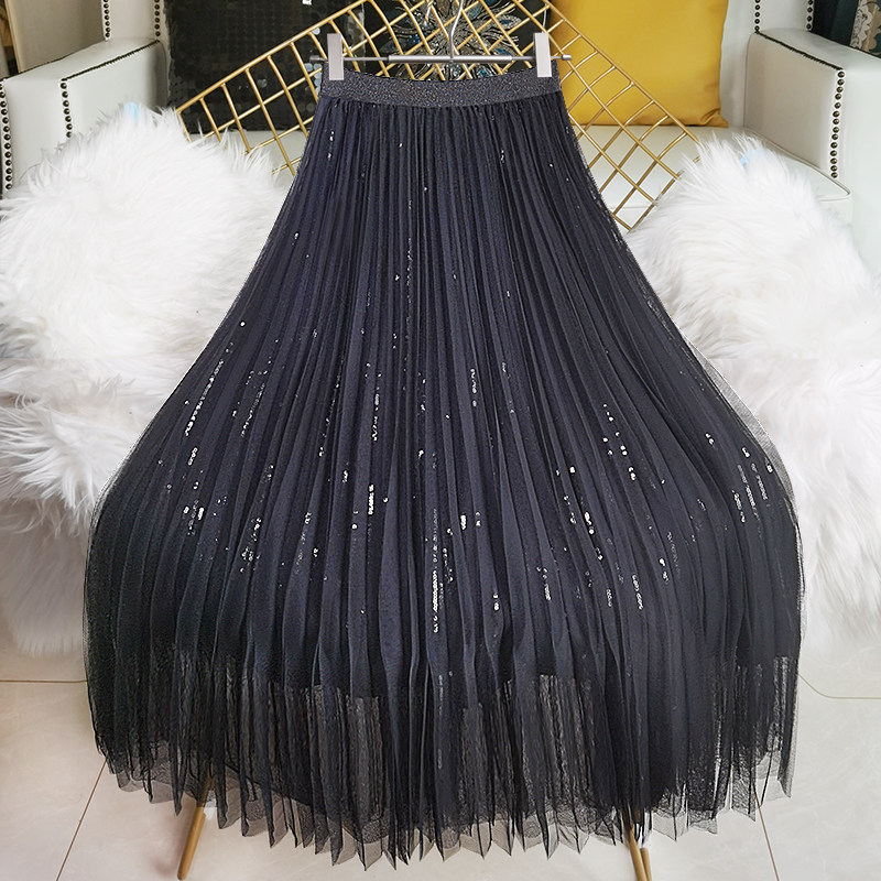 灰色亮片网纱裙垂感显瘦长裙2023夏季新款中长款仙女百褶半身裙子