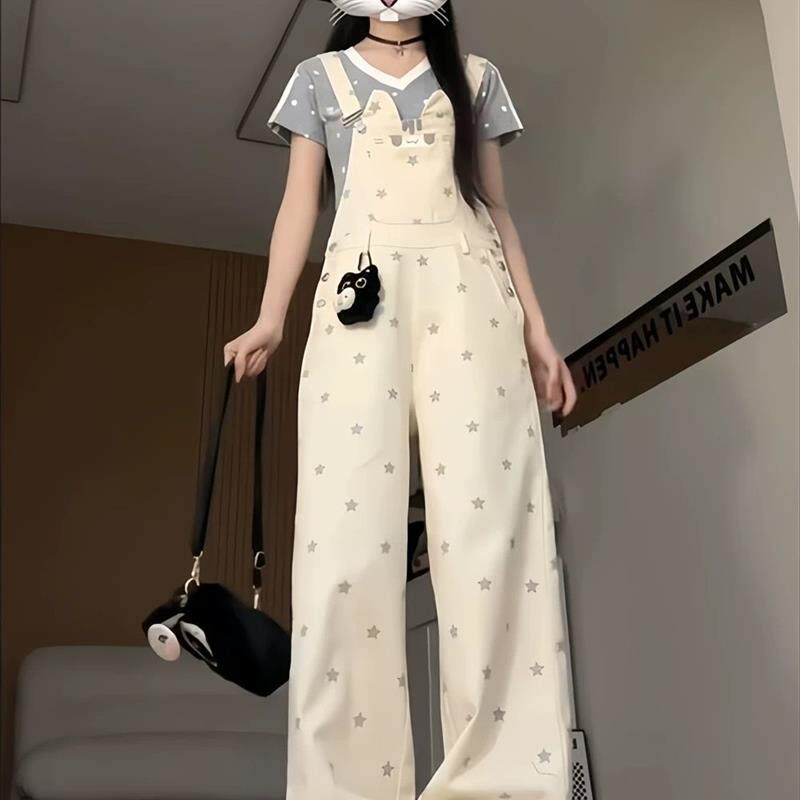 小猫星星满印牛仔背带裤女夏季新款减龄宽松显瘦直筒阔腿裤连体裤