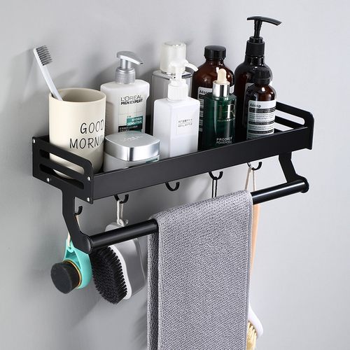 免打孔浴室黑色壁挂置物架 卫生间太空铝双层置物架 带挂钩挂杆
