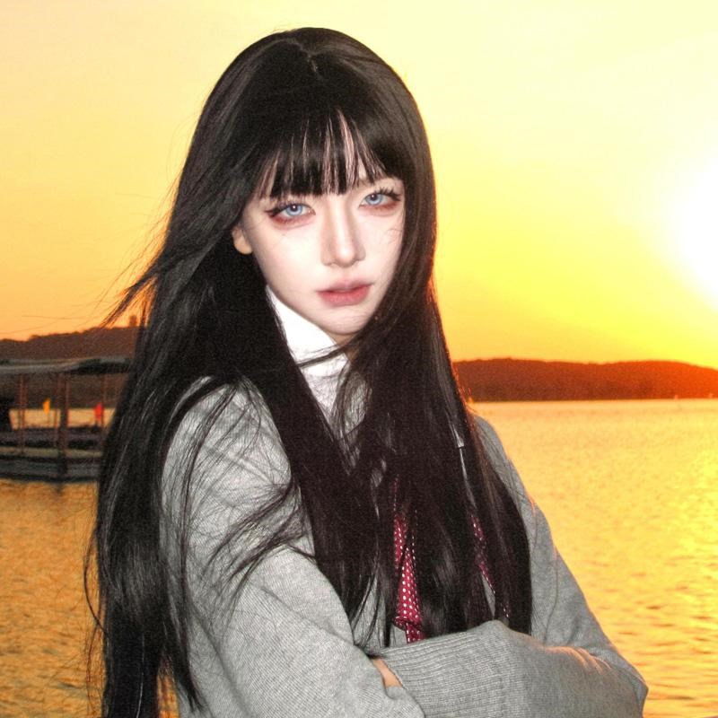 jk富江cos万用漫画刘海长发女全头套Lolita齐刘海黑色自然长直发
