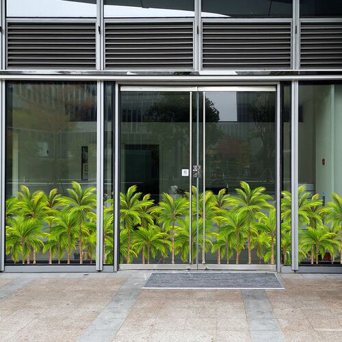椰树林橱窗底纹绿植会议办公室装饰落地玻璃夏日风情游客中心布置