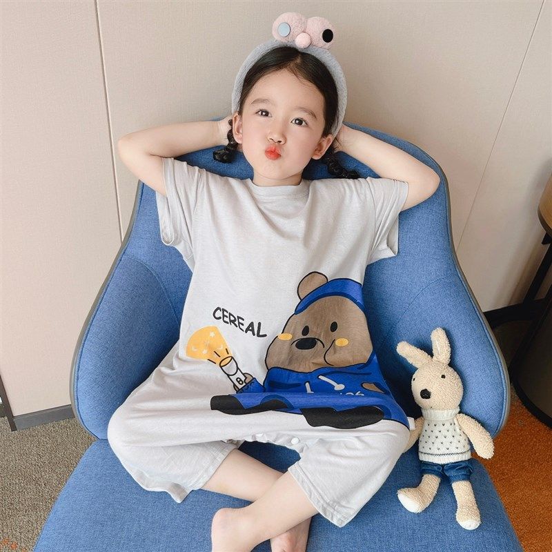 夏季女童睡衣纯棉短袖家居服男童卡通睡袋一片式按扣款连体衣儿童