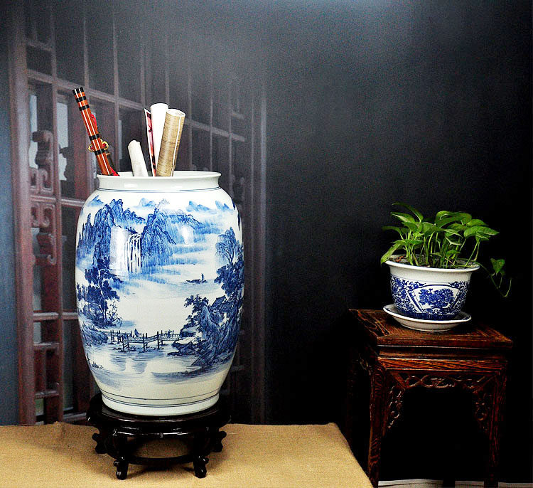 景德镇陶瓷器新中式青花瓷卷轴缸书画缸字画缸收纳书房摆件装饰