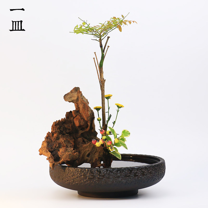 肌理深色粗陶禅意花器日式剑山插花器水洗小原流中式花艺器皿花盆
