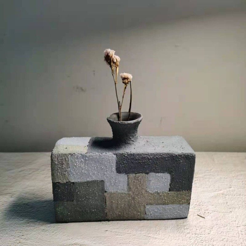 花瓶花盆岩石系列插花多肉粗陶定制旭哥手作方形方器