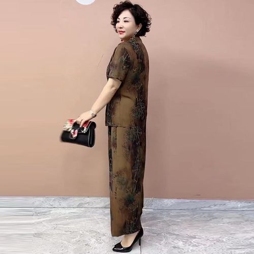 中老年妈妈装夏季新款真丝套装时尚气质宽松大码两件套上衣阔腿裤