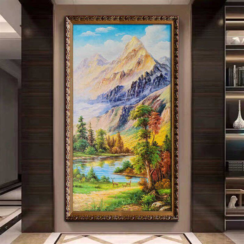 美式入户玄关装饰画客厅挂画欧式聚宝盆山水风景油画走廊过道壁画